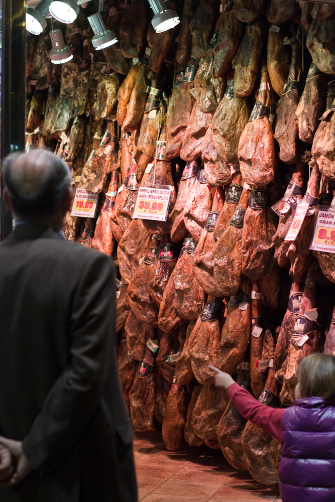 Wall of jambon (ham) in a meat shop.