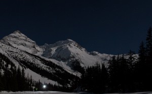 Filming under a clear moon at Rogers Pass