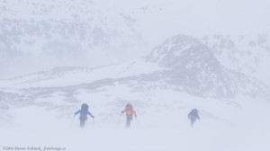 Climbing up Bow Glacier into the storm