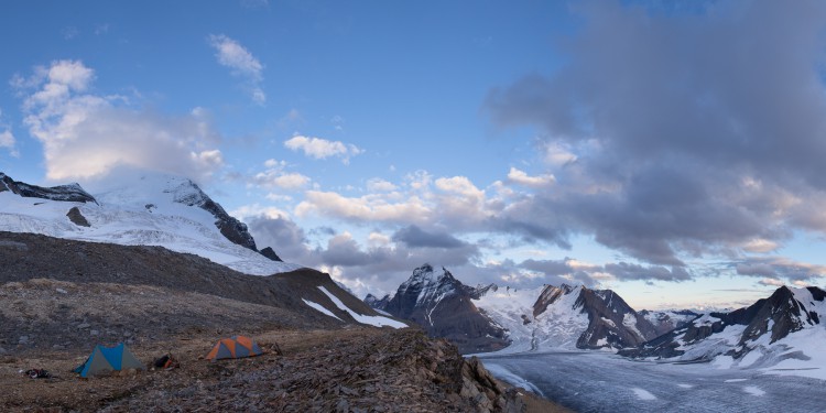 Our bivy site on the lower slopes of Clemenceau (left) with Tusk glacier and Tusk / Irvin / Shipton group (right).