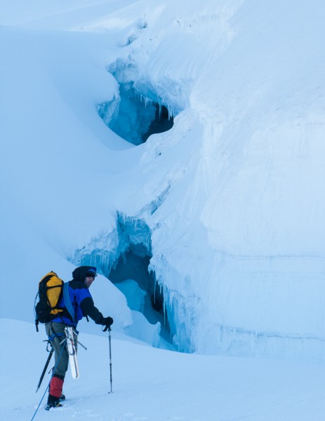 Andy and the final major crevasse before the summit ridge.