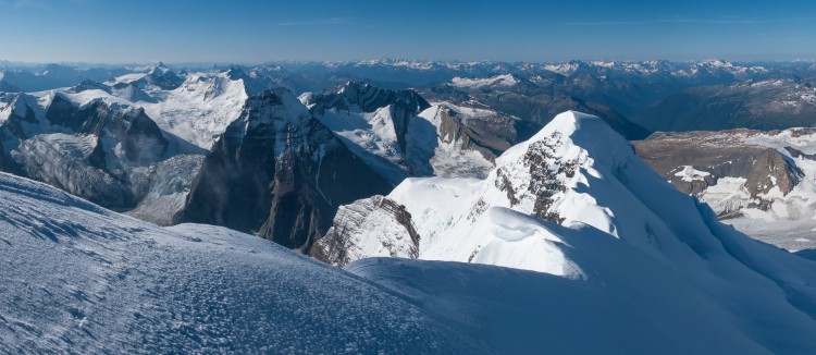 Clemenceau summit view, looking down south ridge and over to Tusk, Shackleton, Irvin and Pic Tordu.