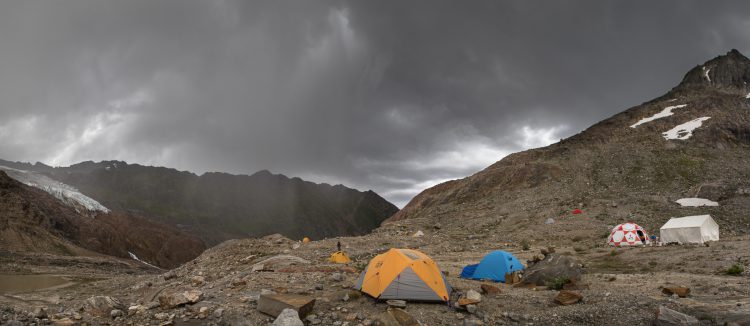 Stormy evening at camp. Pallisade at far right, lower Silvertip glacier at left.