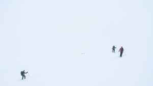 Skiing down into the white from Guy Hut