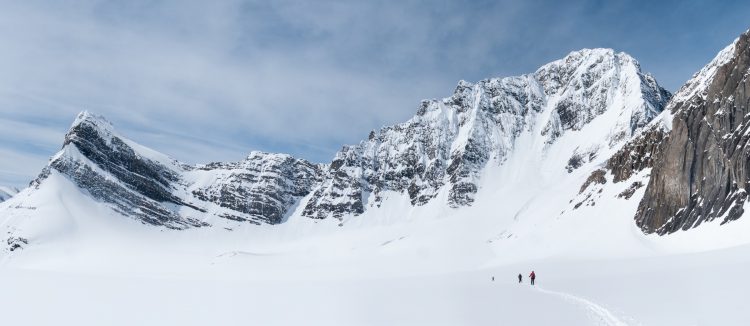 Skiing across the northern end of the Haig Icefield towards the east face of Mt. Sir Douglas.