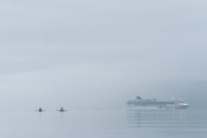 Cruise ship passing in the fog