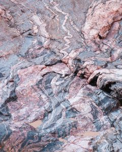 Folded and tortured metamorphic rocks in Pipe Creek, nearly at the Colorado river level, Grand Canyon