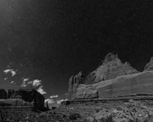 Wall Steet by moonlight, black and white, Arches N.P. Utah