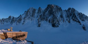Evening at the Refuge d'Argentiere, looking across the Argentiere Glacier at the Aiguille Verte and Les Droites