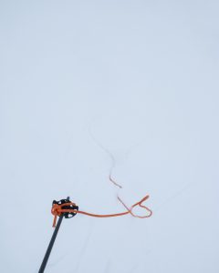 Rope tied to my ski pole to feel the slope when skiing in a white-out