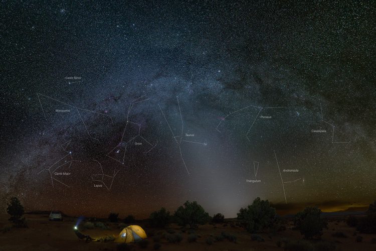 The winter constellations and Milky Way over camp