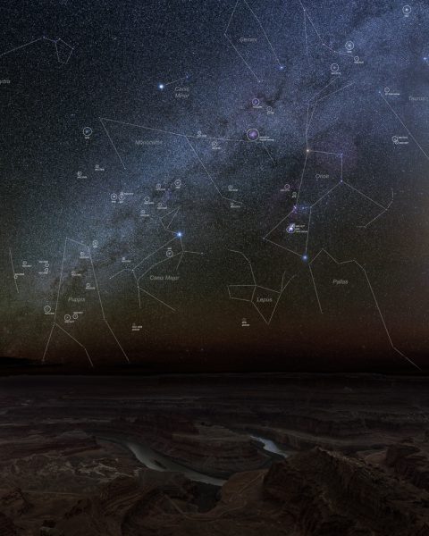 Milky Way with constellations and objects labeled